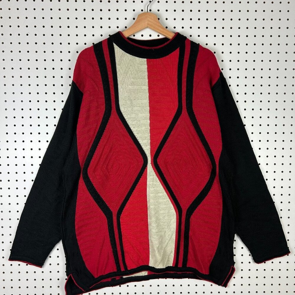 Bergati Knit Sweater Large COOGI STYLE Grandpa 90s Red Black Comfy Chunky‎ Y2K